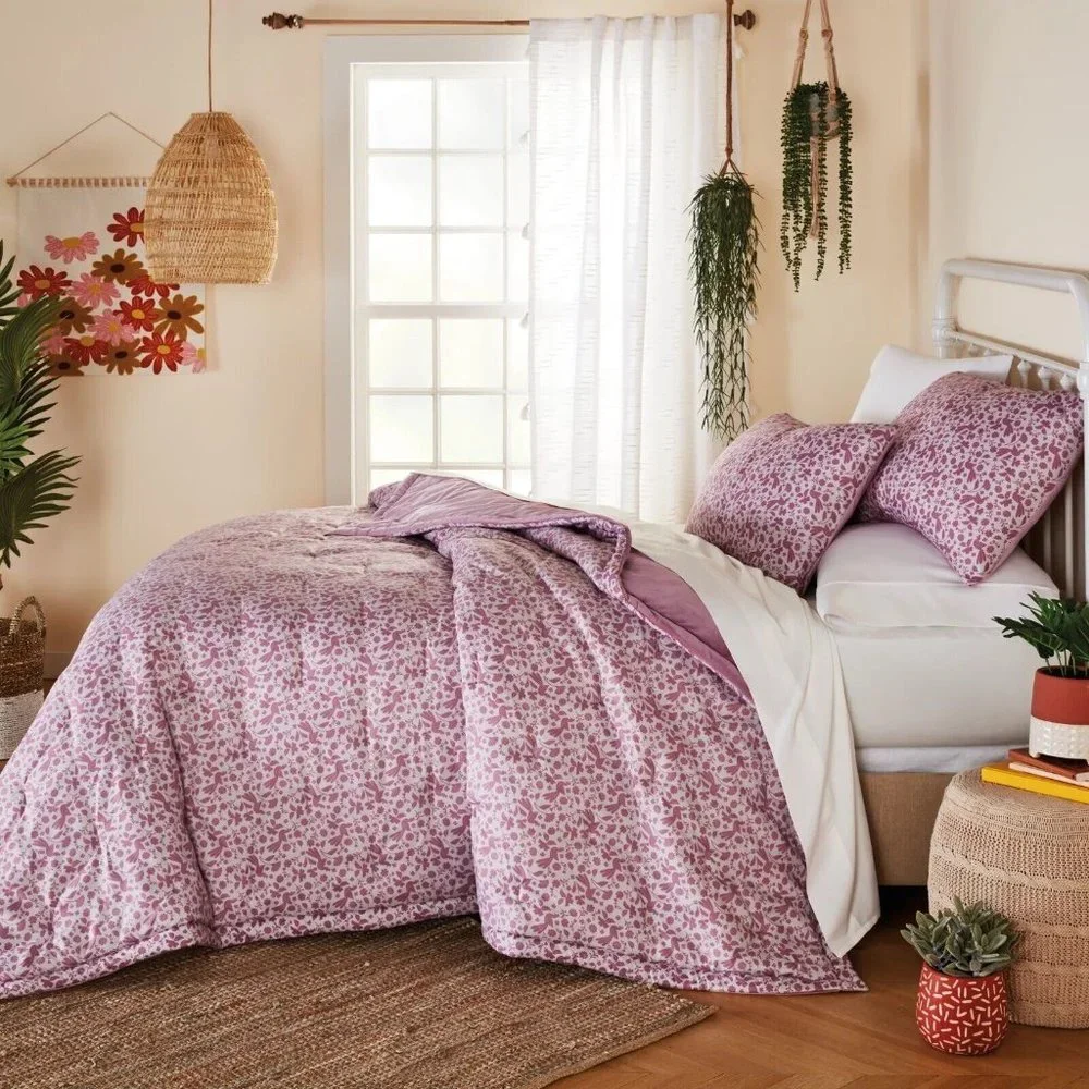 new Wild Sage Velvet Floral 3-pc Reversible 8lb KING Quilt Set Mauve Orchid Pink - Picture 7 of 8